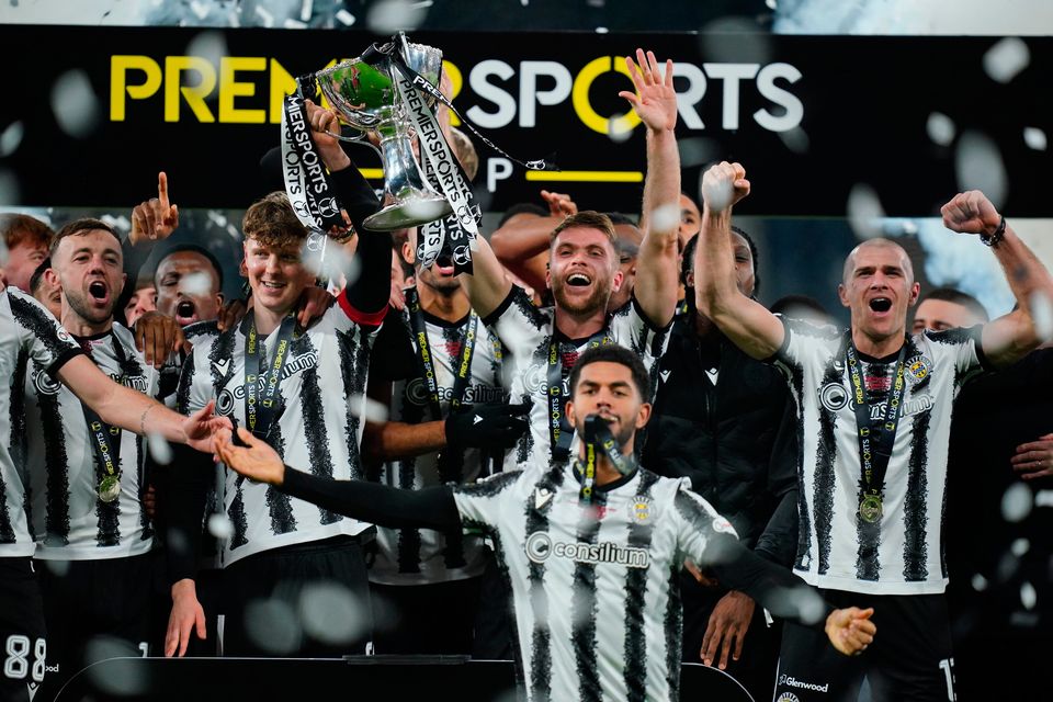 St Mirren lift the trophy after the final whistle of the League Cup Cup final at Hampden Park. Photo: Jane Barlow/PA Wire.